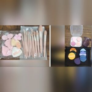 Set of 15 Pink Makeup Brushes 12 Puffs 7 Sponges 4 Blenders New With Storage
